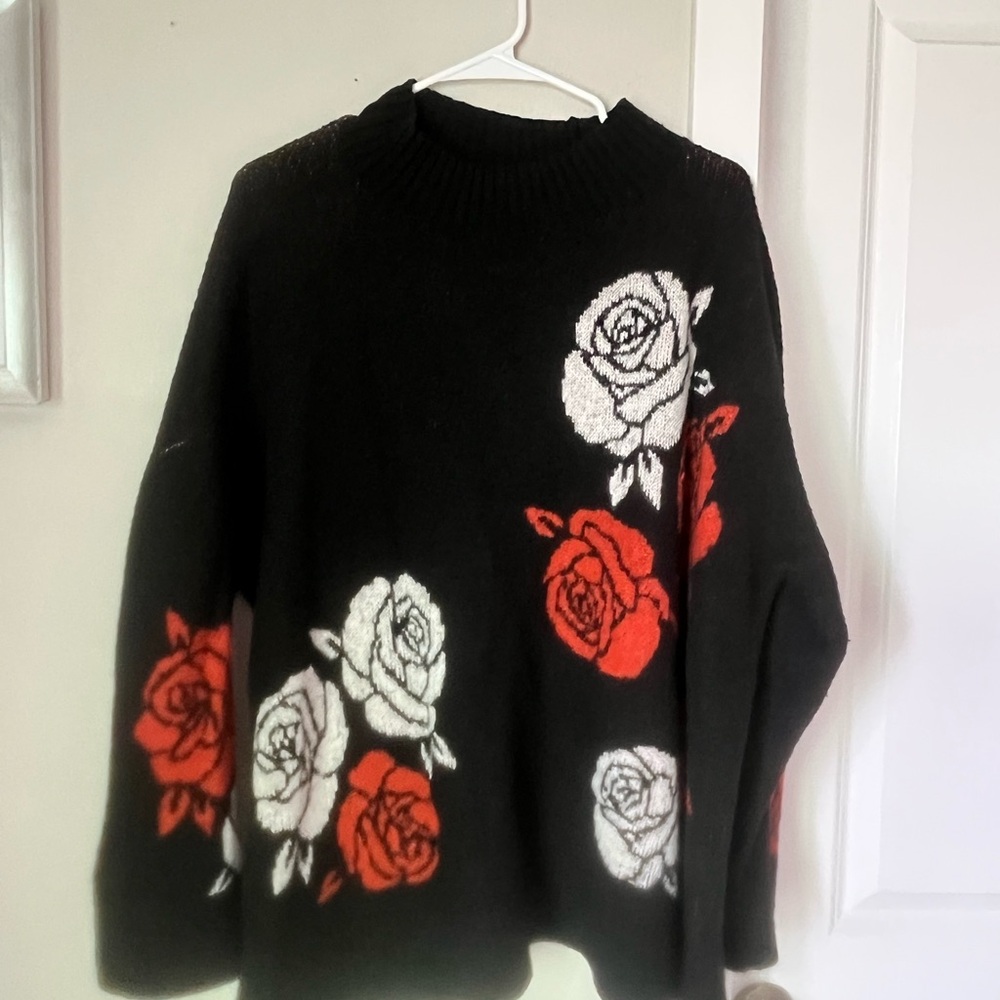 Floral Black Sweater with Red and White Roses
